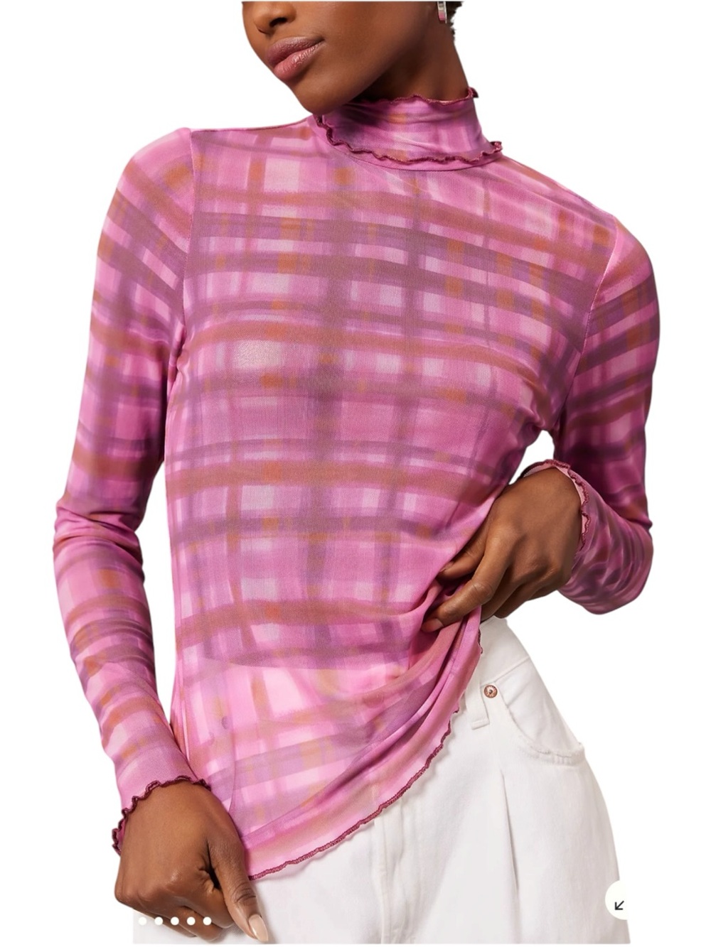 PILCRO ANTHROPOLOGIE Mesh Plaid Sheer Turtleneck Top Large